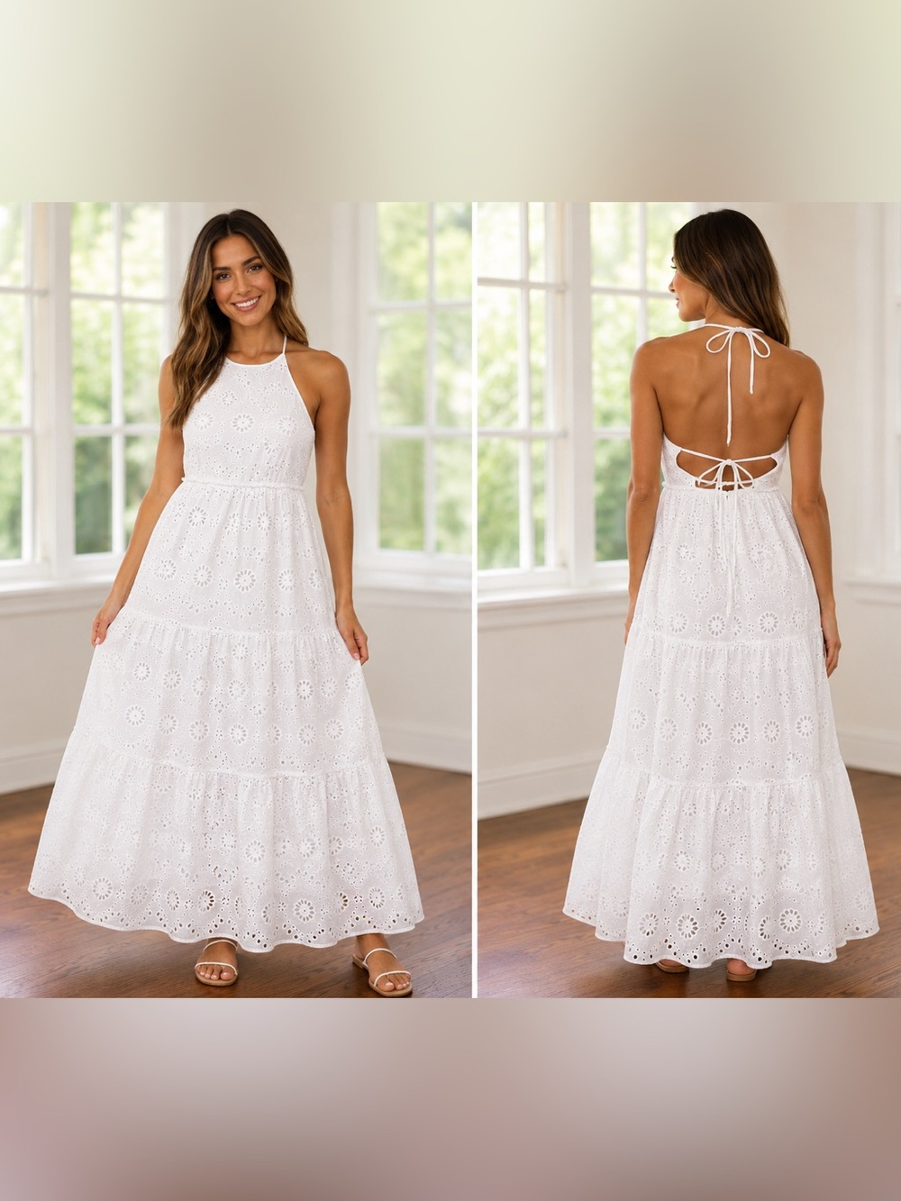 Time and Tru Boho Open Back Tiered White Eyelet Halter Backless Maxi/Midi Dress